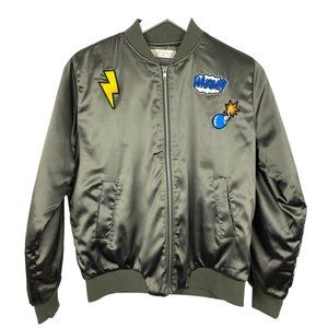 ELODIE Womens XS Army Green Satin Bomber Jacket Patches Bomb Wham Bolt Pockets